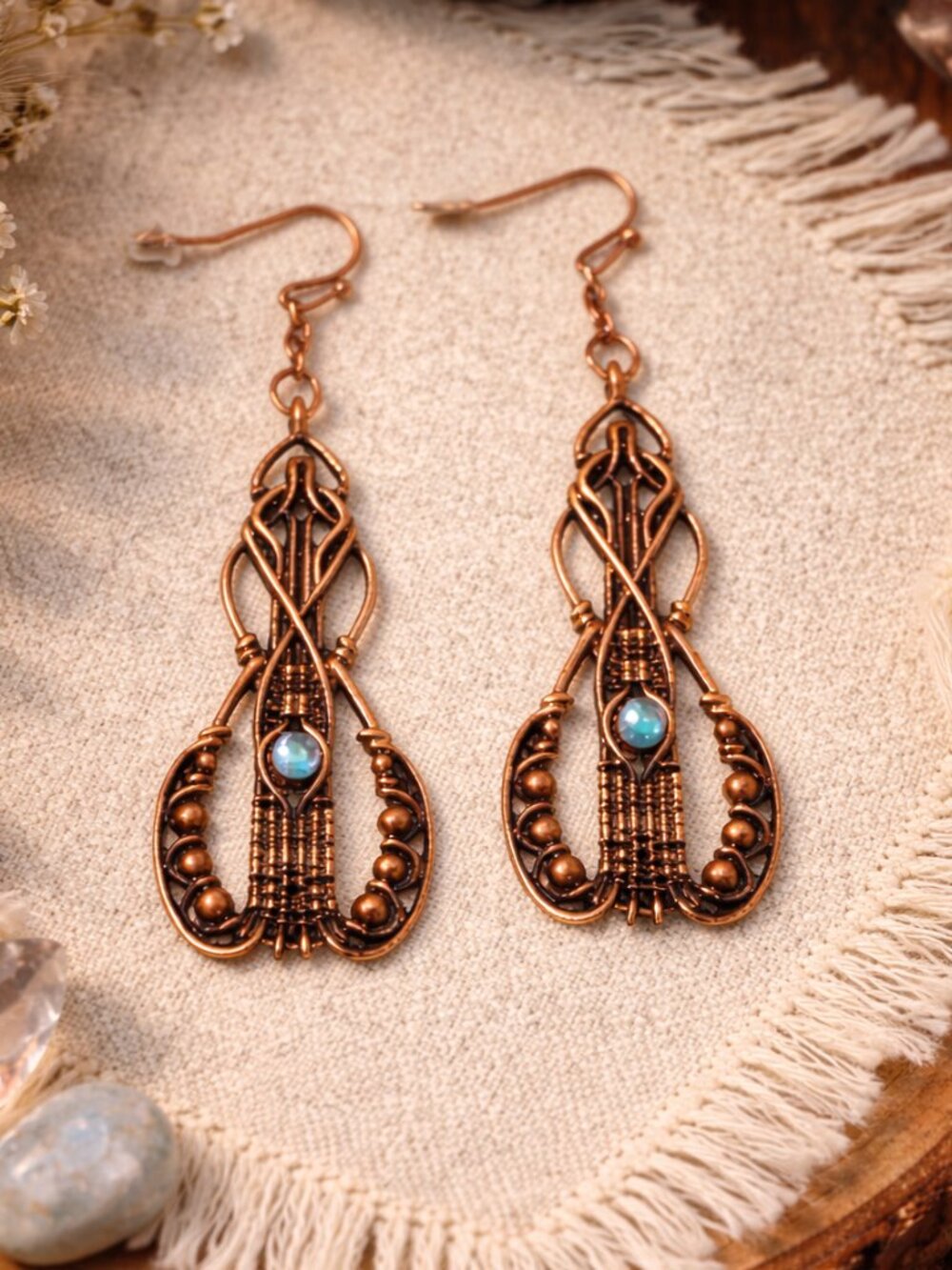 Boho Chic Labradorite Stones Beaded Brass Banjo Shaped Dangle Fishhook Earrings